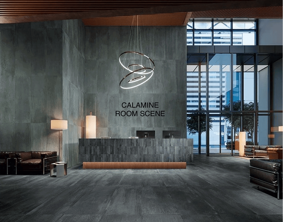 Modern lobby with stylish lighting and seating.