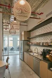 Modern kitchen with hanging pendant lights.
