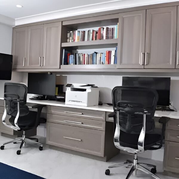 Modern home office with two workstations.