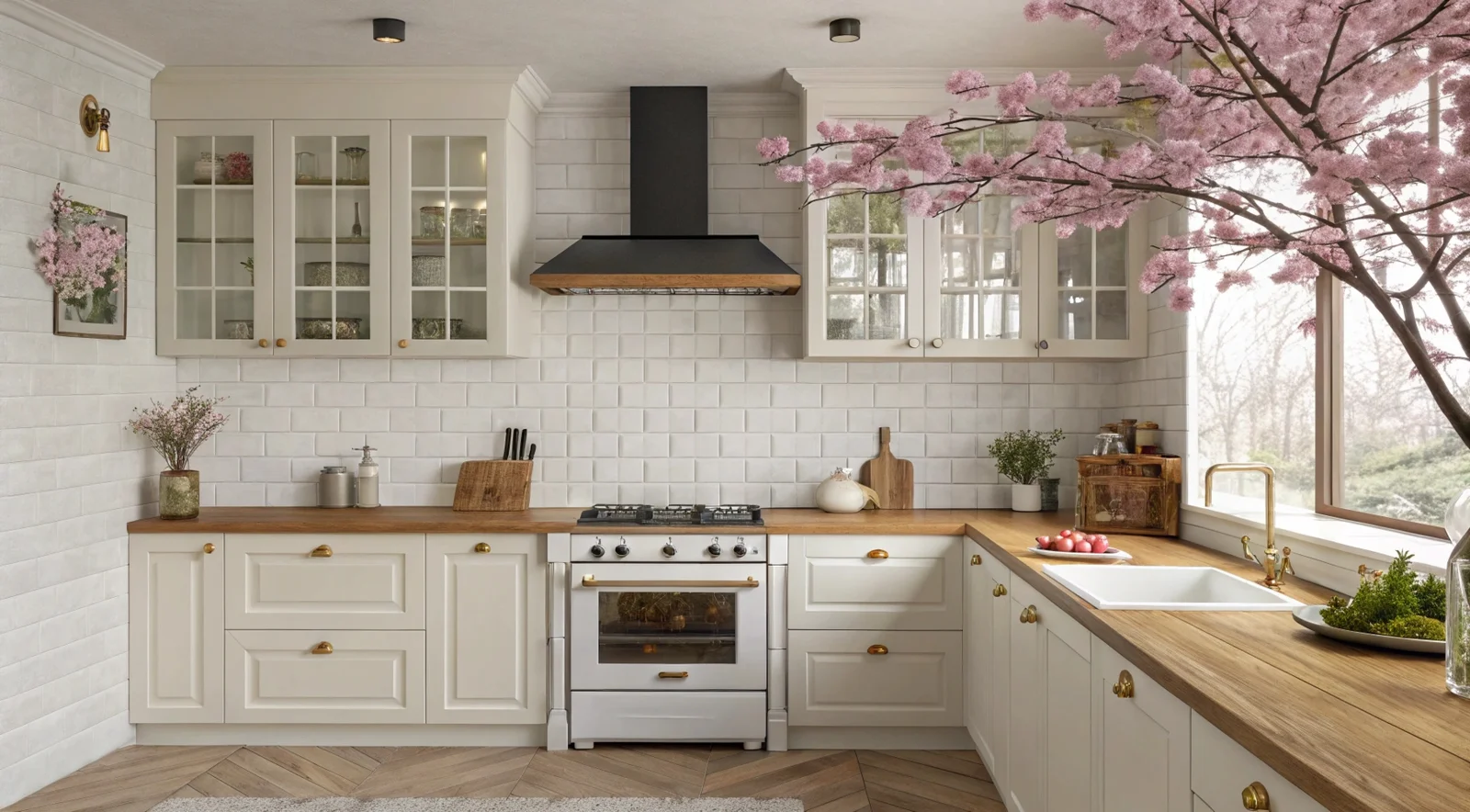 Modern kitchen with cherry blossom decor.