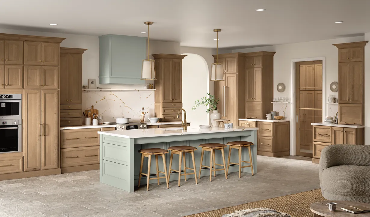 Modern kitchen with wooden cabinets and island.