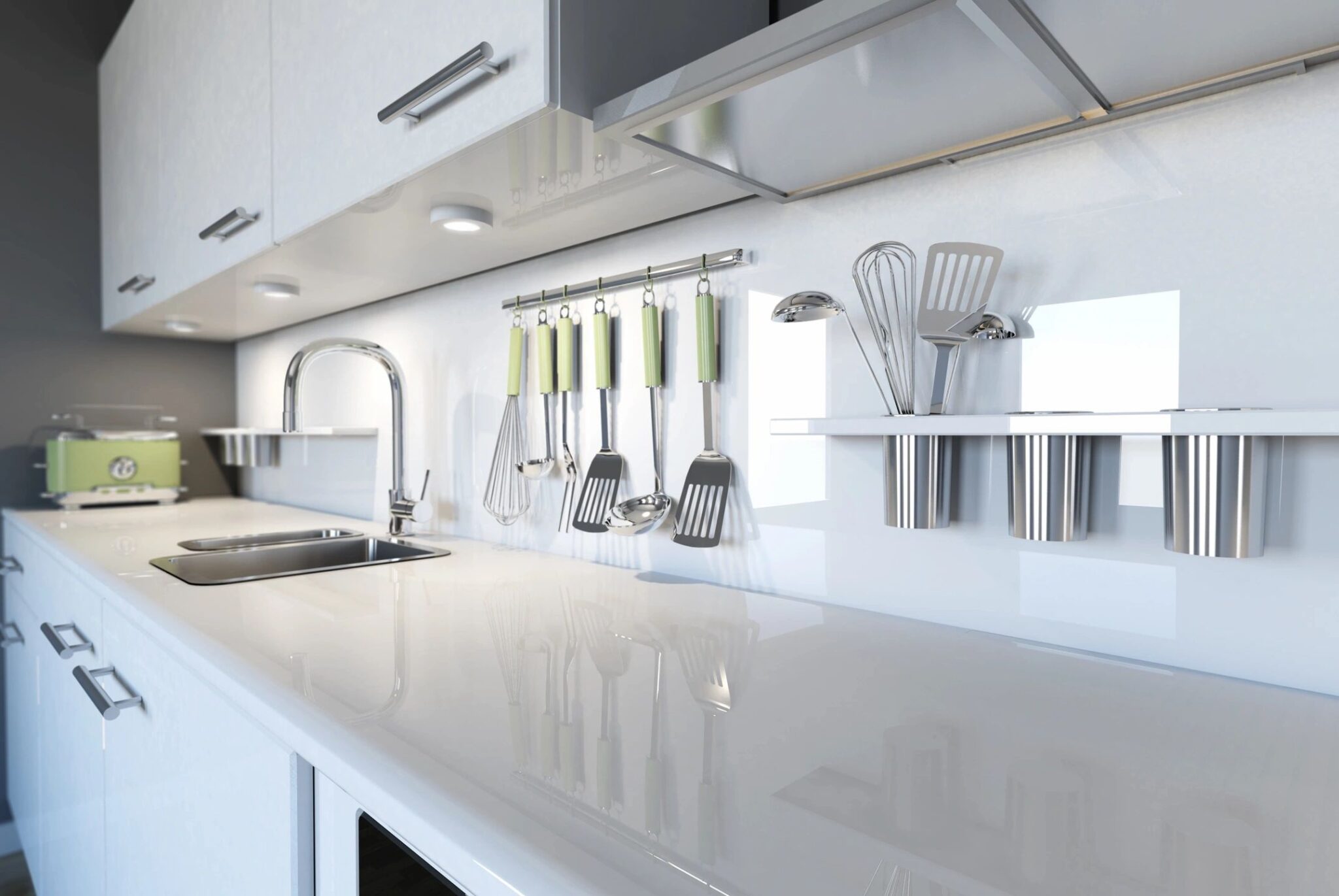 Modern kitchen with utensils and appliances.
