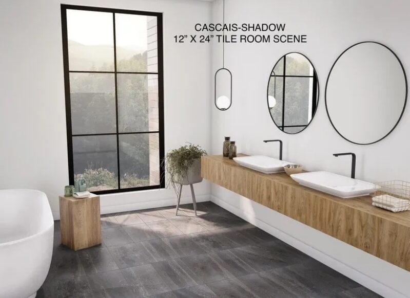 Modern bathroom with large window and mirrors.