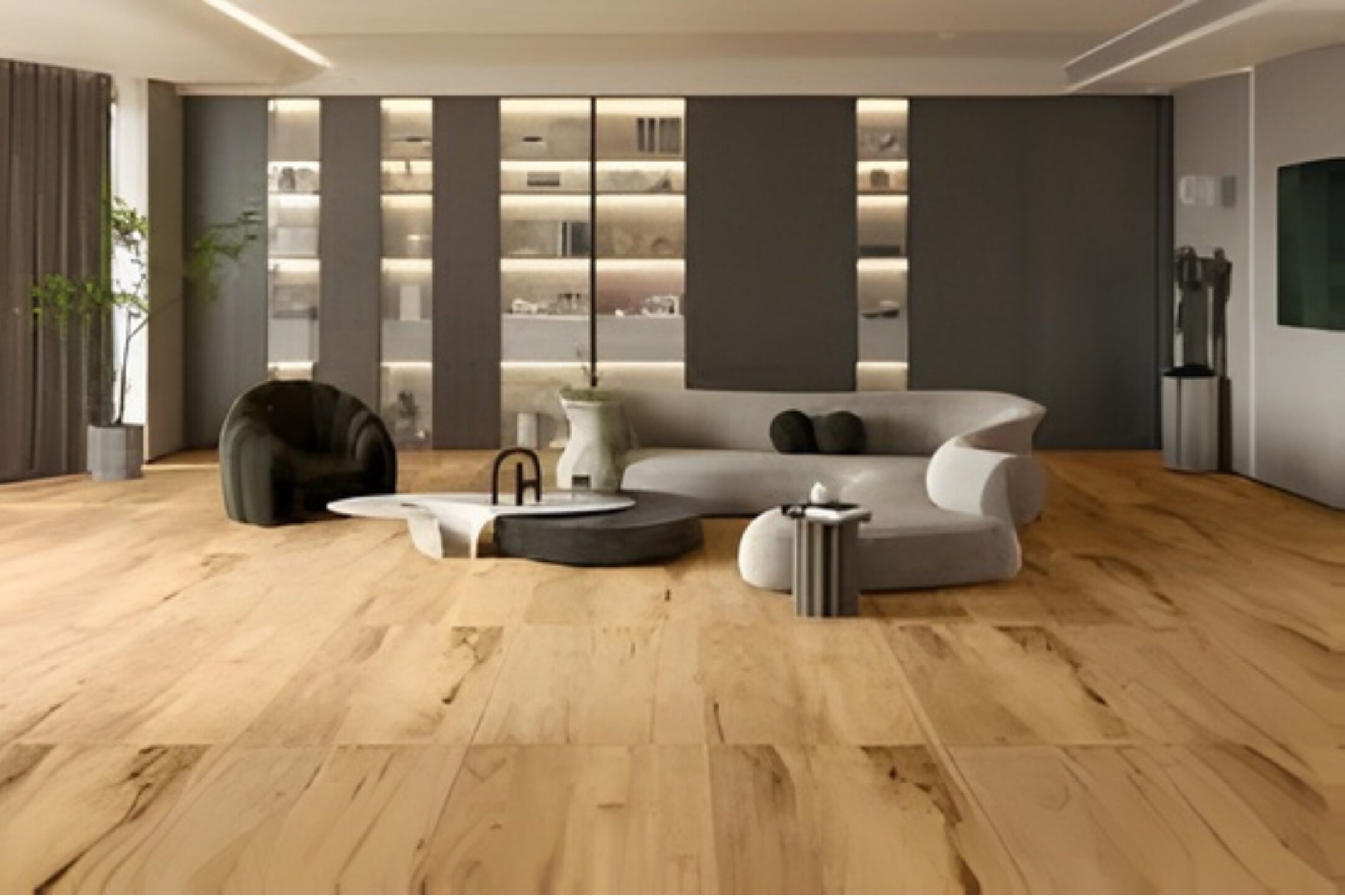 Modern living room with wooden flooring.